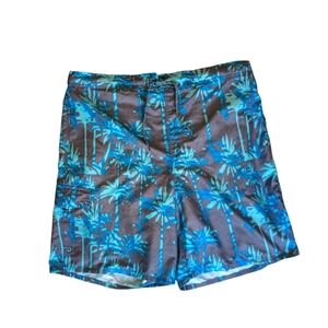 Route 66 Blue and Gray Palm Tree Print Board Shorts